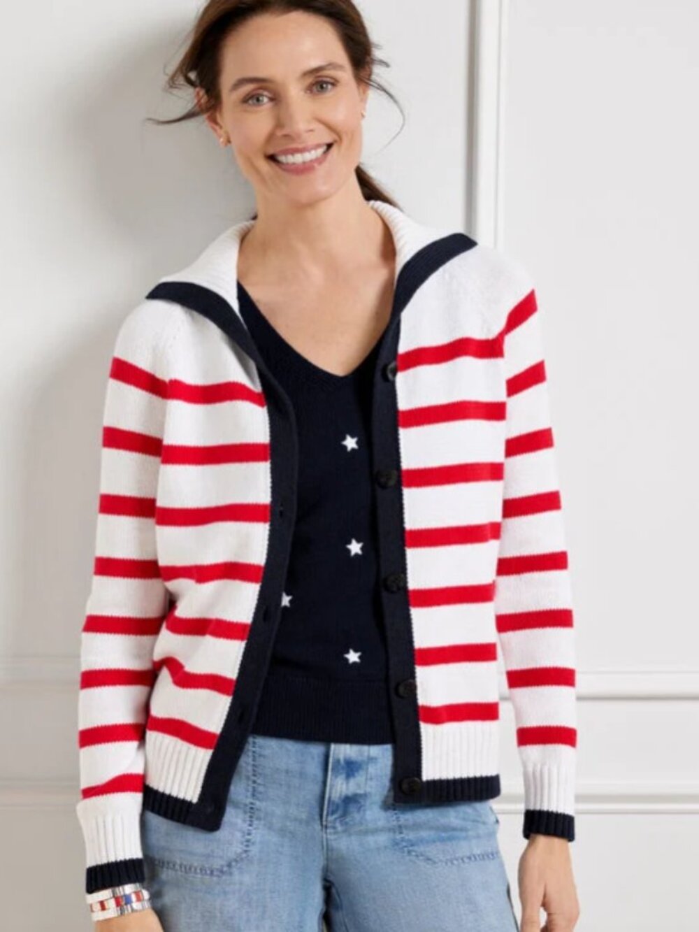 Talbots Sailor Collar Cardigan in Americana Stripe Coastal Nautical Fisherman L